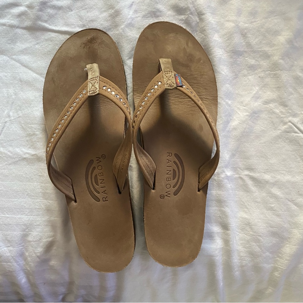 Rainbow Tan color Sandals with Rhinestone Detail women’s size 10